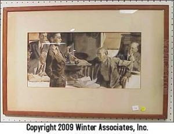 Interior Scene With Several Figures In Suits And A Man Rising From His Seat And Gesturing Towards A Woman - view 1