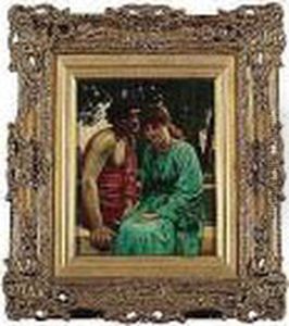 Exh.1880-, Lovers Seated In A Garden, Signed L.r.: T.riley, Oil On Canvas, 29 By 23 Cm.; 11i By 9din Exh.1880-, Lovers Seated In A Garden, Signed L.r.: T.riley, Oil On Canvas, 29 By 23 Cm.; 11i By 9din