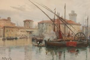An Italian Harbour With Men Tending Boats by Alexander Wallace Rimington