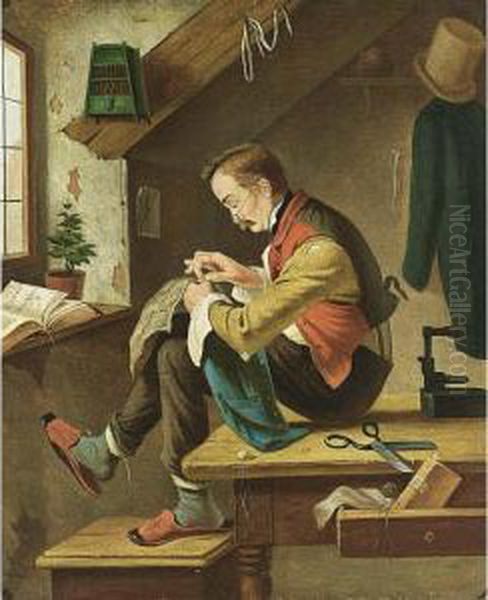 A Tailor Mending Clothes In His Studio - view 1