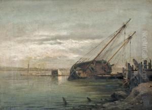 Hafenpartie Mit Gestrandetem Segelschiff.