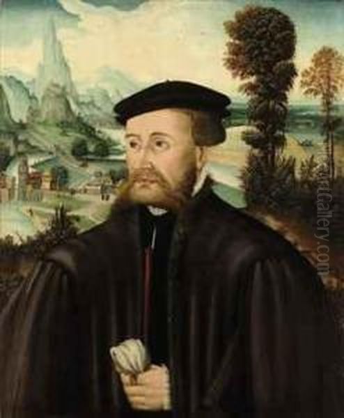 Portrait Of A Gentleman, Possibly Of The Ratold Family,half-length, In A Black Doublet, Hat And A Fur-lined Mantle, Aglove In His Left Hand, A Mountainous, River Landscape Beyond - view 1