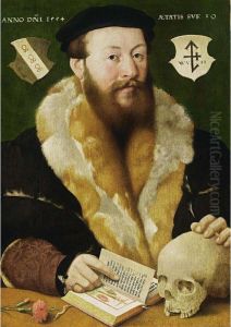 A Portrait Of A Bearded Man, Aged 39, Bust Length, Wearing A Fur-lined Black Coat And A Black Beret, Together With Vanitas Symbols On A Wooden Ledge In The Foreground