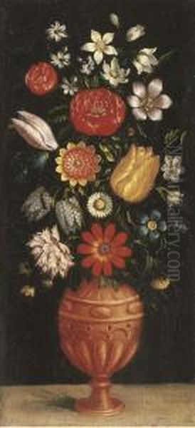 Tulips, Roses, Carnations And Other Flowers In A Vase On A Stone Ledge - view 1