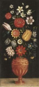 Tulips, Roses, Carnations And Other Flowers In A Vase On A Stone Ledge by Ludger Tom Ii Ring