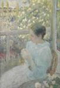 A Lady On The Balcony With A Blossoming Chestnut Tree Beyond A Lady On The Balcony With A Blossoming Chestnut Tree Beyond