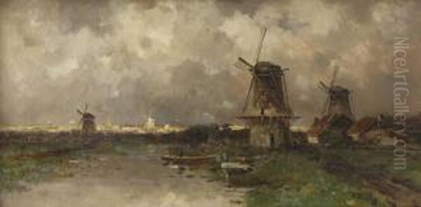 Opkomend Onweder: Windmills Along A River - view 1