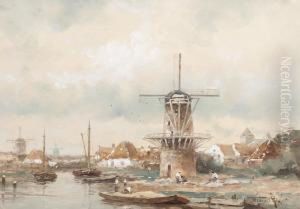 Activity By A Mill By The Water's Edge