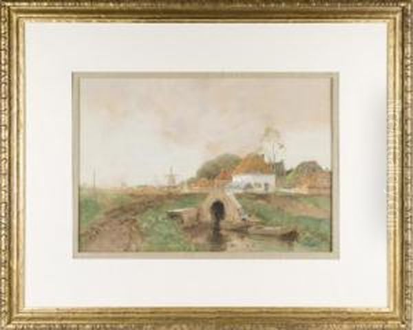 Dutch Scene Of Windmill, Houses Andwaterway - view 1