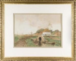 Dutch Scene Of Windmill, Houses Andwaterway
