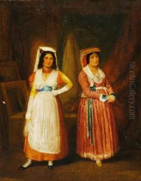 "due Donne Laziali In Costume Folkloristico" Olio Su Tela Iscritto, Firmato Al Retro Su Frammento Di Tela Applicato. In Cornice Dorata - view 1