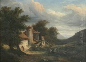 Gebirgslandschaft Mit Wascherinnen Vor Einem Burgartig Befestigten Gebaude