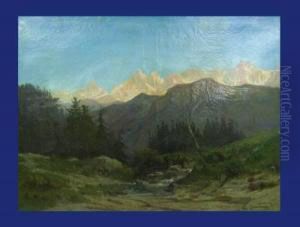 Berglandschaft Mit Asendensteinbocken An Furt Und Sonne Bechienene Berge Im Hintergrund,1857
