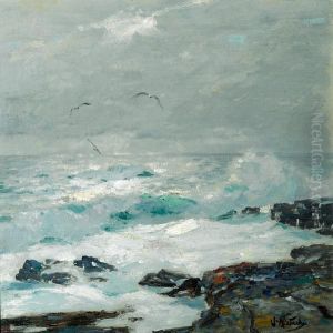 Surf Breaking On The Rocks With Sea Gulls Above by William Frederick Ritschel