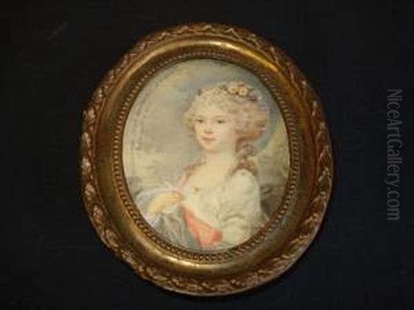 Portrait Of A Young Woman With Flowers In Her Hair And Wearing A Red Sash. - view 1
