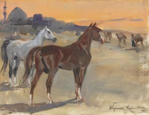 Arabian Horses At Rest by Woiciech Ritter Von Kossak