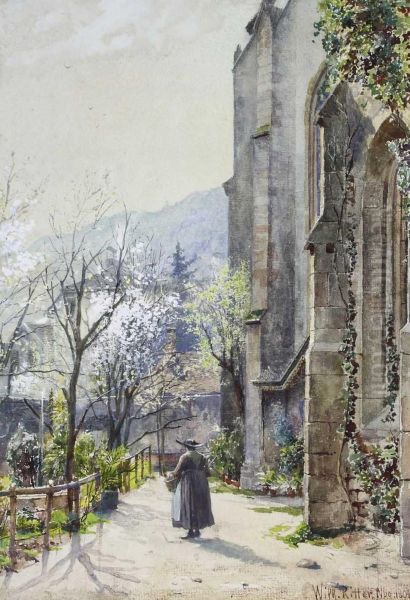 Fruhlingslandschaft Mit Frau Vor Einer Kirche - view 1