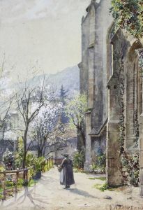 Fruhlingslandschaft Mit Frau Vor Einer Kirche by Wilhelm Ritter