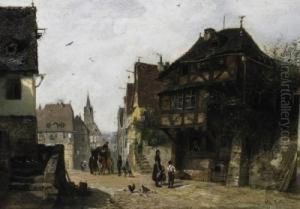 View Of A Small German Town. On The Street A Post-carriage. Signed Bottom Right: Wilh. Riter by Wilhelm Ritter
