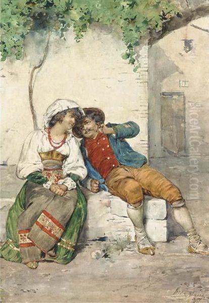 A Young Couple Seated In A Village Square In Regional Dress; And Young Girls In A Kitchen, In Regional Dress - view 1
