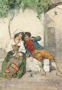 A Young Couple Seated In A Village Square In Regional Dress; And Young Girls In A Kitchen, In Regional Dress by Giuseppe Riva