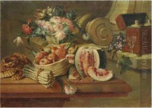 Natura Morta Con Anguria, Asparagi E Cesto Di Fiori Natura Morta Con Anguria, Asparagi E Cesto Di Fiori