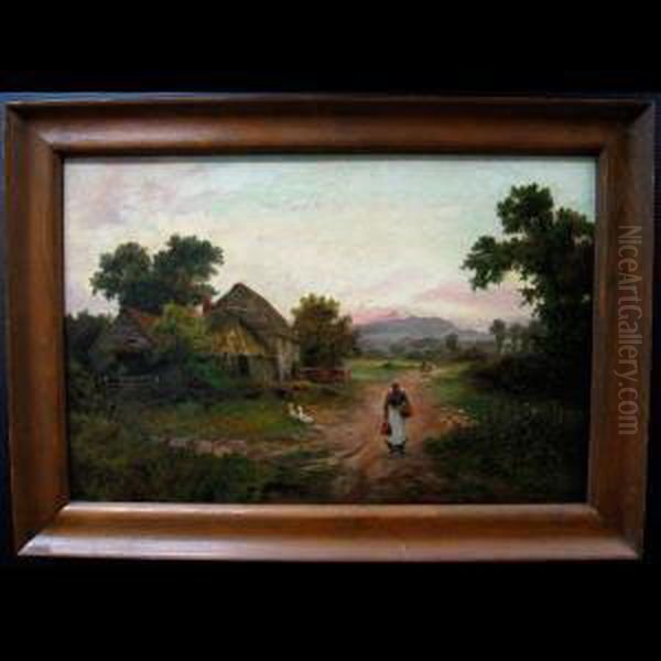Lady On Roadway Passing Barns And Geese - view 1