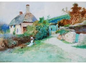 Cottage With Young Girl And Dog by Leopold Rivers