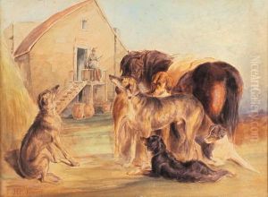 Cani Da Caccia E Un Cavallo Nel Cortile Con Un Cacciatore Sull'uscio