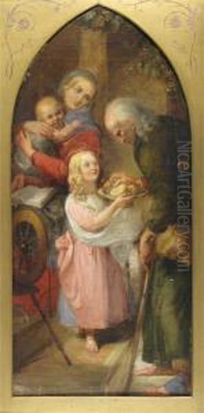 A Mother And Her Children Giving Food To A Beggar - view 1