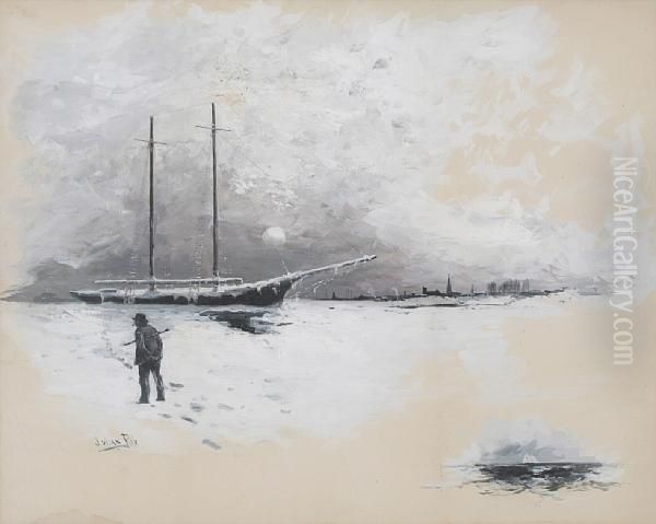 Schooner In Ice With A City In The Distance - view 1