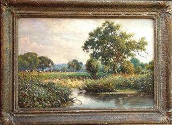 Figure On A Bridge In A River Landscape Withcattle Grazing In A Meadow - view 1
