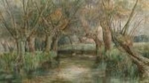 A Tree-lined River Bank by William Augustus Rixon