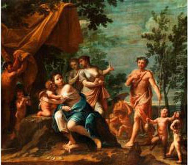 Antik-mythologische Szene Mit Dem Hirtenapollo, Der Sich Den Drei Grazien Nahert - view 1