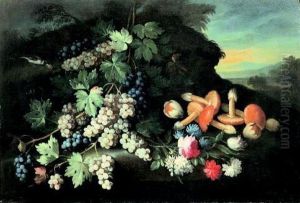 Natura Morta Di Fiori, Frutta E Funghi In Un Paesaggio Natura Morta Di Fiori, Frutta E Funghi In Un Paesaggio