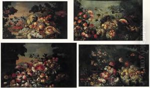 Natures Mortes Aux Fruits Et Fleurs Sur Fond De Paysage by Marco Antonio Rizzi