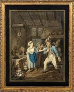 Paar Bauernhausinterieurs Mit Familienszenen by R.G. Robart