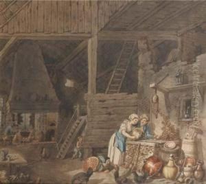 Interior With Peasants By A Well, Another Warming Her Hands At A Fire Beyond by R.G. Robart