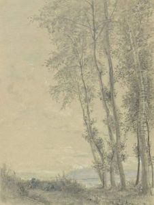 Paysans Ramassant Du Bois Pres D'un Lac Aux Grands Arbres by Alfred Robaut