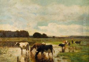 Koeien Bij De Drinkplaats by Louis Marie Dominique Romain Robbe