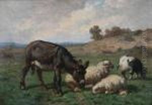 Heuvelachtig Landschap Met Ezel En Schapen by Louis Marie Dominique Romain Robbe