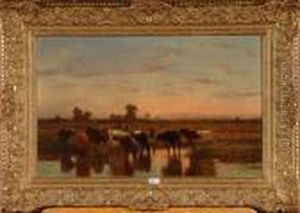 Paysage Avec Betail Au Coucher Du Soleil by Louis Marie Dominique Romain Robbe