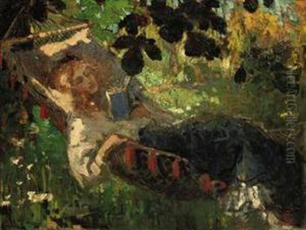 A Girl Reading In A Hammock - view 1