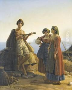 Musizierender Jungling Mit Zwei Fischersfrauen by Aurele Robert
