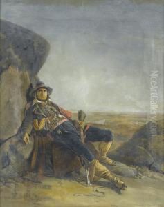 Brigant Bei Felsblock Vor Ebener Landschaft. by Aurele Robert
