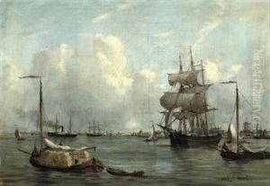 Bustling Activity In A Dutch Harbour by Robert Charles Gustave Laurens Mols