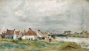 Stadtansicht An Einem Fluss. by Robert Charles Gustave Laurens Mols