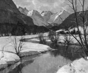 F. "winterlicher Flusslauf In Den Alpen". Sign