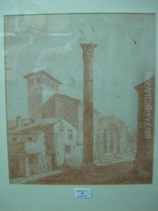 Colonne Romaine A Chapiteau, Ruines Et Maison by Hubert Robert