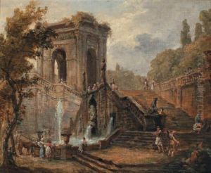 Lavandieres Au Pied D'un Escalier En Ruines by Hubert Robert